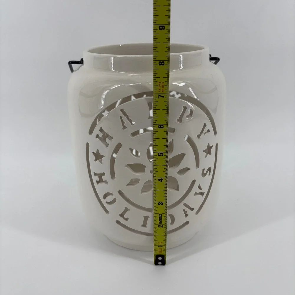 White Ceramic Happy Holidays Lantern Candle Holder with Metal Handle 8 Inch